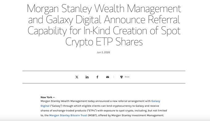 The image shows a screenshot of a webpage that includes text discussing Morgan Stanley Wealth Management's partnership with Galaxy Digital. The webpage appears to be advertising for an in-kind creation service related to cryptocurrency, such as Bitcoin ETPs, and promotes the program for potential clients to invest their Bitcoins through the Morgan Stanley Bitcoin Trust.