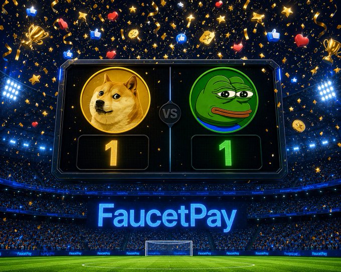 A football stadium scoreboard graphic shows a matchup between Dogecoin (Doge coin) and Pepe (green frog) memes tied 1-1, under the "FaucetPay" brand with confetti and trophy icons celebrating a Prediction Giveaway for France vs Morocco worth 25 USDT.

The image ties into the caption's giveaway post by using the FaucetPay branding, sports matchup format, and "VS" scoreboard design to visually represent the prediction challenge where a winner guesses the exact final score of the France vs Morocco game.