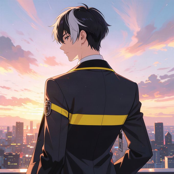 An anime-style illustration of a young man with black and white hair, wearing a black and yellow jacket, looking out over a city skyline at sunset.