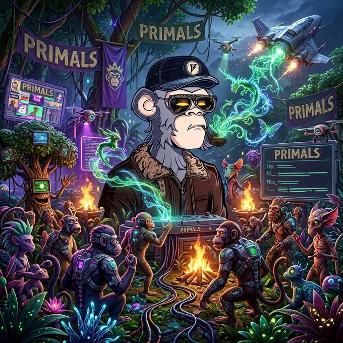 A vibrant digital illustration depicts a stylized monkey wearing sunglasses and a cap, surrounded by various monkey characters, banners reading 'PRIMALS', sci-fi elements, and jungle scenery with magical green energy.