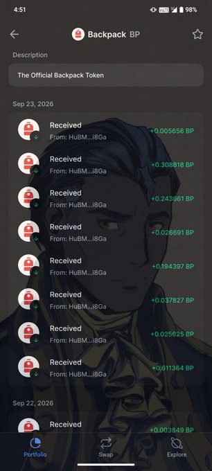 A Backpack BP wallet app shows a transaction history with multiple 'Received' entries from 'HuBM...i8Ga' on Sep 23, 2026, including amounts like +0.005656 BP, +0.30818 BP, and +0.24361 BP.