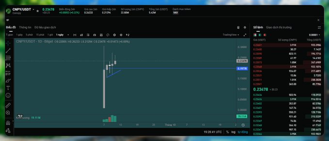 A TradingView chart of CNPY/USDT showing a massive price spike with wicks reaching above 0.55 and current price at 0.23478 (+6.69%), with order book data displayed on the right.