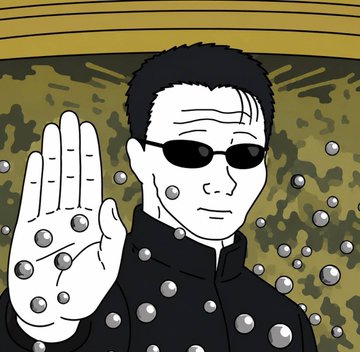 A person with a stoic expression, wearing dark sunglasses and a black jacket, holds up their hand amid floating metallic spheres against a camouflage backdrop, stylistically resembling a Wojak meme. The image ties to the post's "$WOJAK" cosplay series, evoking the meme character's signature serious demeanor and visual abstraction.