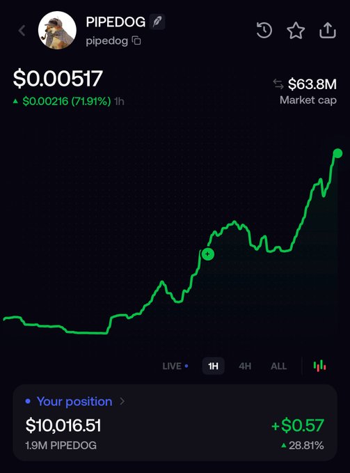 Cryptocurrency price chart for PIPEDOG token showing a price of $0.00517 with a 71.91% increase, $63.8M market cap, and a user position worth $10,016.51 with a 28.81% gain.