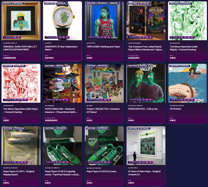 A grid of NFT auction listings on a marketplace, featuring collectibles like a Rare Pepe wallet print, a Timex watch, Michael Jordan basketball memorabilia, a Jurassic Park book, Pepe-themed items, original paintings, and various digital art pieces, mostly starting at 0 BTC.