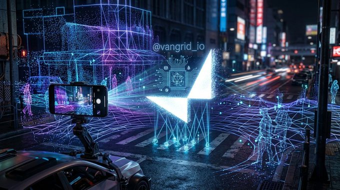 A futuristic cyberpunk-style digital artwork by @vangrid_io showing a smartphone on a gimbal capturing a neon-lit city street with holographic pedestrians and digital overlays.