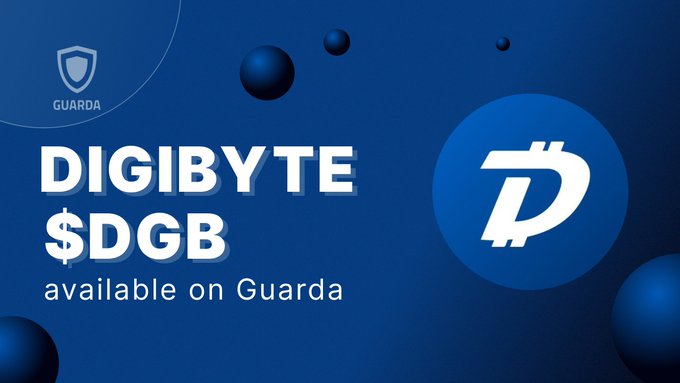 A blue promotional graphic announces 'DIGIBYTE $DGB available on Guarda,' featuring the Guarda shield logo and the Digibyte currency symbol.