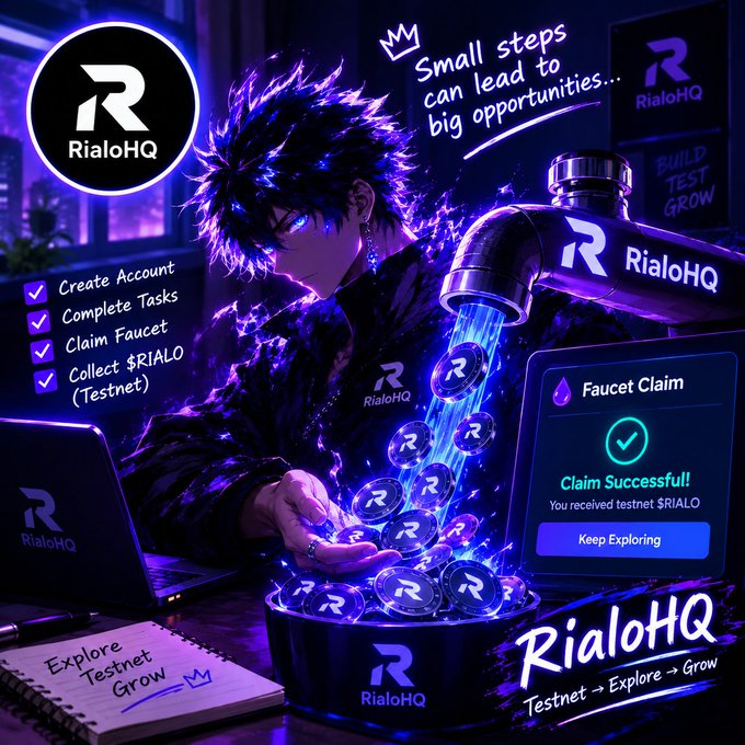 An anime-style promotional graphic for "RialoHQ" featuring a character with purple energy effects, listing tasks like "Create Account," "Complete Tasks," "Claim Faucet," and "Collect $RIALO (Testnet)" with a "Claim Successful!" notification.