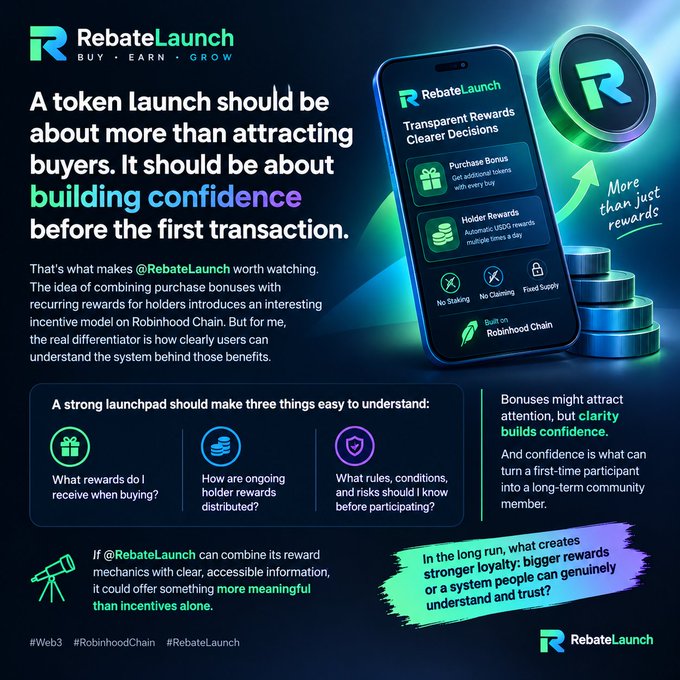 A dark RebateLaunch promotional graphic reads, “A token launch should be about more than attracting buyers. It should be about building confidence before the first transaction,” emphasizing transparent rewards, purchase bonuses, holder rewards, and understandable rules.