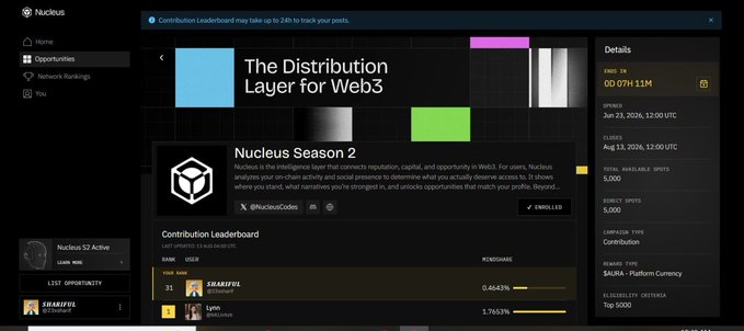 A screenshot of the Nucleus website shows a page for "Nucleus Season 2," describing it as a distribution layer for Web3, with a contribution leaderboard visible below.