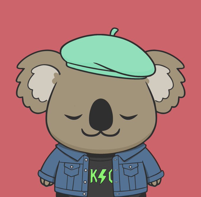 An illustration of a koala wearing a green beret and a blue denim jacket over a black t-shirt with a green graphic, set against a red background.