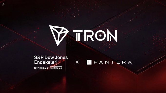 The image features a sleek dark promotional graphic with the TRON logo and "PANTERA" branding alongside text reading "S&P Dow Jones Endeksleri" and "S&P Global'ın Bir Bölümü," visually announcing TRON's inclusion in the S&P Pantera Digital Asset Index.