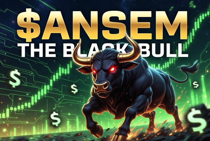 A fierce black bull with glowing red eyes charges forward against a backdrop of green trading charts and dollar signs, featuring the bold golden text "$ANSEM THE BLACK BULL." The dynamic imagery captures the bullish momentum described in the post, symbolizing $ANSEM's rapid rise toward a projected $1B market cap.