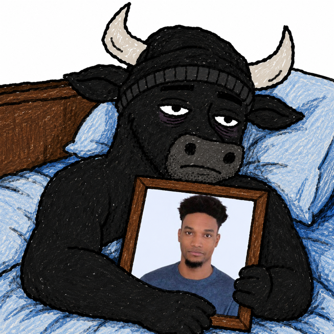 A hand-drawn illustration of a tired-looking black bull wearing a beanie, lying in bed and holding a framed photograph of a young man.