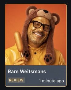 A person wearing a teddy bear hat and glasses holds a baseball bat in front of an orange background, with text overlay reading "Rare Weitsmans," "REVIEW," and "1 minute ago." The image appears to celebrate the verification of "Rare Weitsmans" on Tensor, likely referencing a collectible or NFT profile picture style.