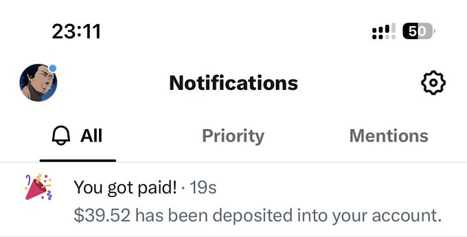 A smartphone notification screen displays a payment alert from X (formerly Twitter) showing "$39.52 has been deposited into your account" at 23:11, with the celebratory party popper emoji confirming "You got paid! · 19s". This image directly supports the accompanying post, visually documenting the final revenue sharing payout the user received, with the $39.52 amount representing the culmination of their earnings from genuine audience engagement on the platform.