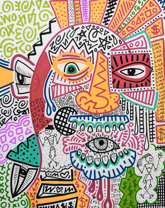 A vibrant, colorful hand-drawn illustration featuring abstract faces, multiple eyes, dollar signs, and the repeated word 'LOST' filling the chaotic composition.