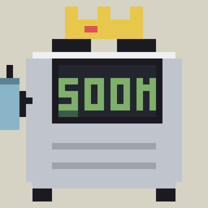 A pixel-art illustration shows a gray mining rig with a yellow crown perched on top and a digital display reading "SOON," alongside a blue component on its side. The machine's ironic "SOON" ticker paired with its royal crown visually echoes the post's theme of waiting for promised gains that never arrive, mocking crypto mining setups that generate relentless computation but no real returns.