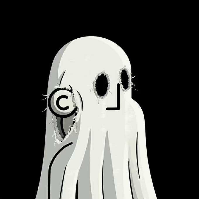 A stylized ghost illustration features a copyright "©" symbol stitched onto its chest with rough threading, and empty black eyes that appear torn or frayed. The image visually represents the "npc" character referenced in the post, reinforcing the idea of someone mindlessly following others while quietly staking a claim with the copyright symbol as a mark of "alpha" status.