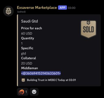 A Discord message from "Exsaverse Marketplace" (edited at 03:00) advertises a "Saudi Gtd" listing at 60 USD, quantity 1, with a 20 USD collateral and a Middleman ID, marked as SOLD. This corresponds to the first item mentioned in the post, which calls out "Saudi GTD" sellers as obvious "cooks."