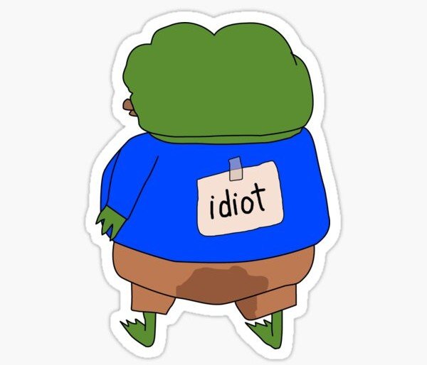 A cartoon frog character with its back turned wears a blue shirt displaying a paper sign that reads "idiot," humorously reflecting the post's commentary on Noxa_Fi's shutdown decision amid Robinhood Chain's memecoin crash.