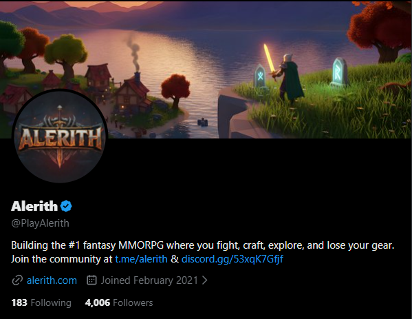 A Twitter/X profile for Alerith (@PlayAlerith), a fantasy MMORPG featuring banner art of a sword-wielding character on a cliff overlooking a lakeside village, with 4,006 followers.