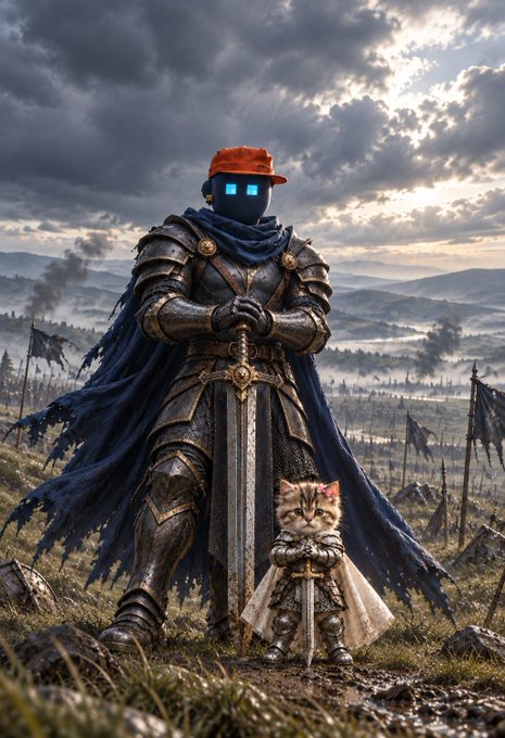 A digital artwork depicting an armored knight with glowing blue eyes wearing an orange baseball cap and blue cape, standing on a battlefield with a small cat dressed in matching knight's armor beside them.