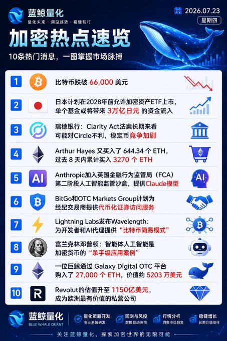 A Chinese crypto news infographic from 蓝鲸量化 (Blue Whale Quant) dated 2026.07.23 featuring a stylized whale and a numbered list of 10 crypto headlines, including Bitcoin breaking $66,000, Japan planning crypto ETF approval by 2028, the Swiss Clarity Act potentially benefiting Circle, and Arthur Hayes purchasing 3,270 ETH.