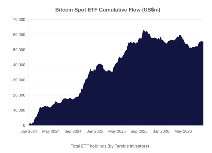 A line chart titled 'Bitcoin Spot ETF Cumulative Flow (US$m)' showing total ETF holdings from January 2024 to mid-2026, with values climbing to roughly $56,000m, credited to Farside Investors.