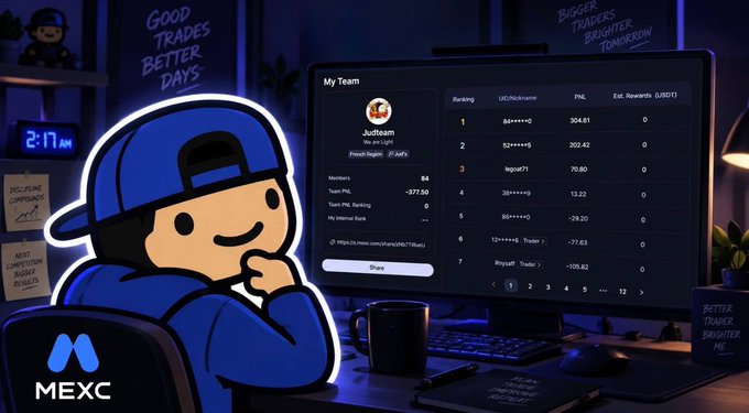A MEXC promotional image showing a cartoon trader character next to a computer screen displaying a 'My Team' ranking leaderboard for 'Judsteam'.