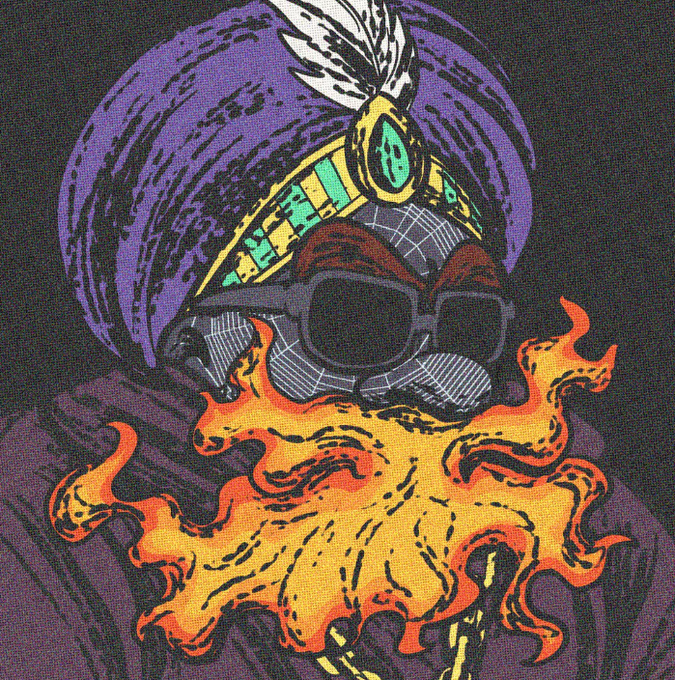 The image is a stylized illustration of a mystical figure wearing an ornate turban with a jewel and feather, dark sunglasses, and a flaming beard, set against a purple swirling halo. It visually represents "GuildGrime," the tagged trader mentioned in the post, with the "Grime" name fittingly reflected in the gritty, fire-and-shadow aesthetic of the masked, flame-bearded sage—an apt emblem for a bullish crypto signal.
