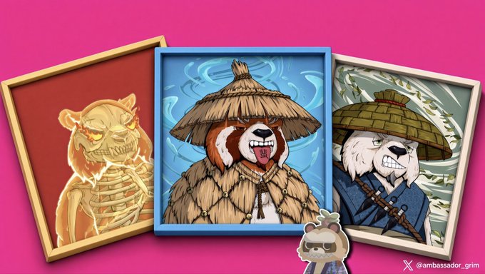 Three framed illustrations of bear-like characters in samurai/straw-hat attire against a pink background, with a small bear character in front, credited to @ambassador_grim.