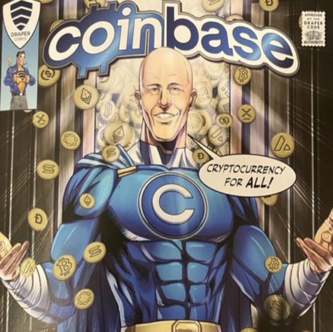 Comic-style illustration of Coinbase CEO Brian Armstrong as a superhero with a 'C' emblem on his chest, surrounded by cryptocurrency coins, declaring 'Cryptocurrency for All!'.