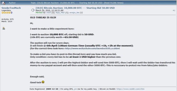 A Reddit post by user 'SmokeTooMuch' announces a 'Bitcoin Auction: 10,000.00 BTC --- Starting Bid 50.00 USD' dated March 30, 2010, describing the auction rules for the 10k BTC.