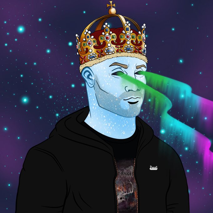 A digital illustration of a blue-skinned figure wearing an ornate jeweled crown and a black hoodie, with a colorful aurora-like beam shooting from their eyes against a starry cosmic background.