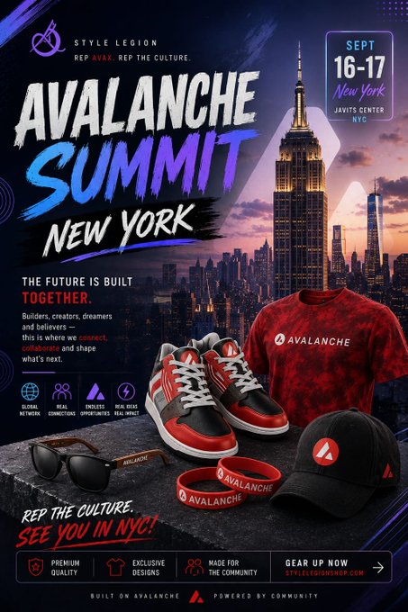 A promotional poster for the **Avalanche Summit New York** event, scheduled for **September 16-17** at the Javits Center, NYC, featuring the Empire State Building and NYC skyline. Bold red branding highlights **AVAX** merchandise, including sneakers, a tie-dye t-shirt, cap, sunglasses, and wristbands, with the taglines "Rep #AVAX. Rep the Culture." and "The Future is Built Together."