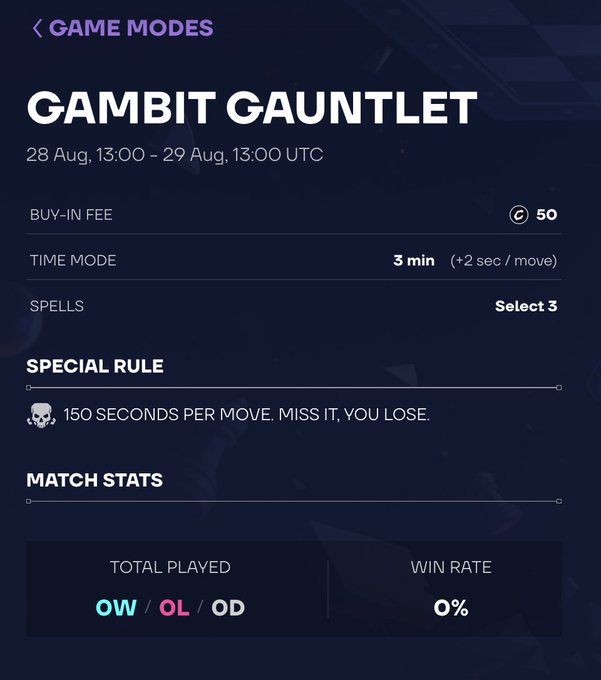 A "Gambit Gauntlet" game mode screen for Anichess showing a 50 buy-in fee, 3-minute time mode with 150-second move limit, and 0% win rate stats. The image highlights the competitive chess challenge referenced in the post, where the user is rallying players for a $CHECK tournament with a 10,000 prize pool for the top 25 finishers.