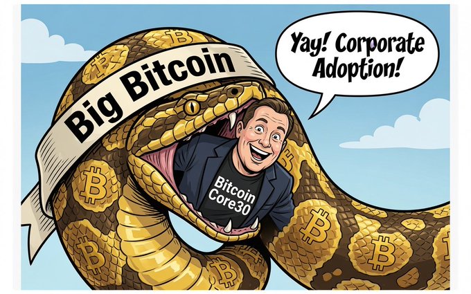 A cartoon shows a man wearing a 'Bitcoin Core 3.0' shirt inside a large snake made of Bitcoin coins, with a banner reading 'Big Bitcoin' and a speech bubble saying 'Yay! Corporate Adoption!'.
