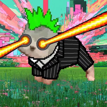 A pixel art dog wearing a black pinstripe suit and green mohawk shoots fire lasers from its eyes in a vibrant, glitchy field setting.
