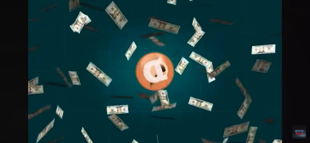 The image features a large amount of money falling from the sky onto a green background, with an orange circle in the center surrounded by the money. The text "You know, since 2000 there have been many songs about Dogecoin based on @elonmusk dance moves. Scream loudly: DOGE". This suggests that the image is related to a post or conversation about Dogecoin and its connection to the popular dance moves of @elonmusk.