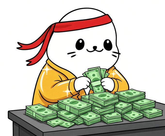 Cartoon illustration of a cute white cat character wearing a red headband and yellow tracksuit, smiling while sitting at a table covered with stacks of green cash.