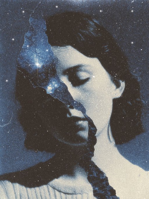 A surreal double-exposure portrait of a woman with dark hair, her face partially merged with a cosmic starfield against a deep blue background.