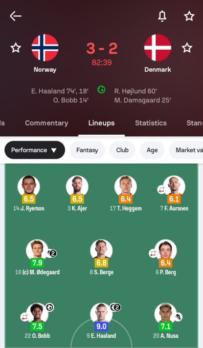 A sports app interface displays the final score of a football match between Norway (3) and Denmark (2) at 82:39, showing player lineups, ratings, and goalscorers including Haaland and Højlund.