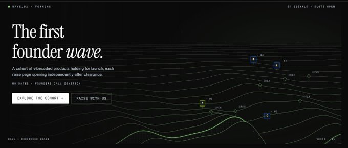The image displays a website for "Wave_03 - Founding" with the headline "The first founder wave" and a description about a cohort of vibecoded products, featuring two CTAs: "EXPLORE THE COHORT" and "RAISE WITH US." The page illustrates a wave-themed design with various stages (Build, Hack, Open, Liquidity) and shows it relates to the tweet by showcasing @vibestarterxyz's launchpad platform where founders can raise funds and backers receive tokens through smart contracts.