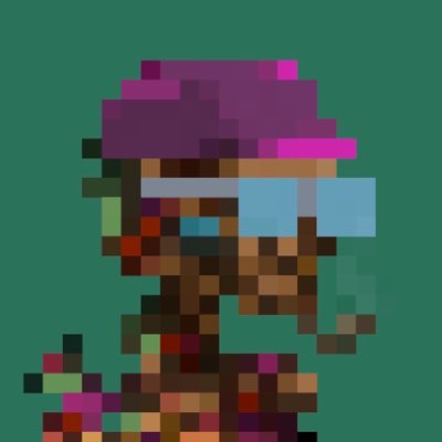 A pixel art character portrait featuring a figure with pink and purple hair, a blue visor, and brown skin against a green background.