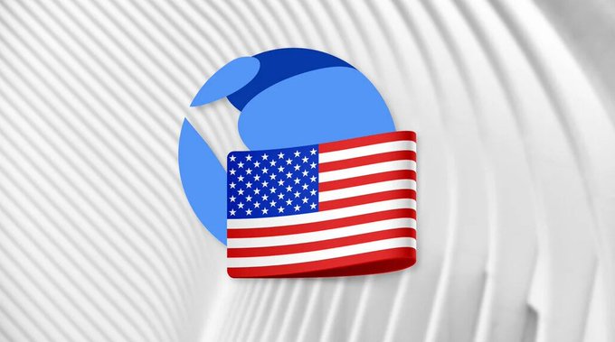 A digital illustration features a blue circular icon overlaid with an American flag ribbon against a white wavy background.
