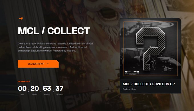 The image shows a screenshot of an online auction or market for collectible items, where people are selling their belongings. The main item featured on the screen is an item that has a "Collect" button displayed with the text "MCL7 Collect". There's also some text stating the auction's starting time and a number associated with it in black text at the bottom of the image. This image seems to be related to the post about @McLarenF1 x #SpanishGP Collectable download, which encourages people to start collecting items from sellers on this website.