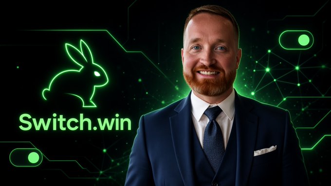 A man in a suit smiles beside the "Switch.win" logo featuring a green-outlined rabbit, promoting his appearance on a YouTube live stream to discuss PulseChain, DEX aggregators, and crypto trading strategies.