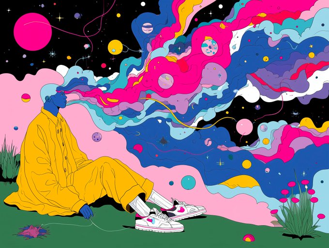 The image features an illustration of a man sitting on grass with his mouth wide open, blowing out a stream of colorful smoke that resembles the universe. The smoke is vibrant and swirling, creating a sense of cosmic energy around the man. The background of the image is dark blue, which contrasts with the bright colors of the smoke coming from the man's mouth. The post also includes text that reads "COLLECTED Cosmic Breath" and "@AstrologerUfuk @objktcom With a single breath, the gates of the universe open up to us." This suggests that the image is inspired by astrology or the idea of the interconnectedness between our actions and the universe.