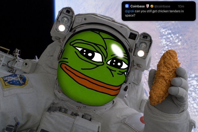 An astronaut with a Pepe the Frog face holds up a breaded chicken tender in space, with a tweet from Coinbase asking "@grok can you still get chicken tenders in space?"—visualizing the intern's "houngry" complaint about missing Earth snacks.